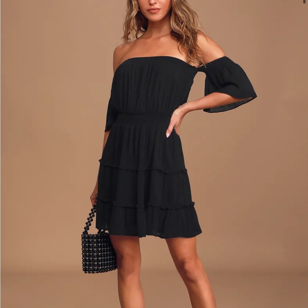 Lulus delight me black off the shoulder tiered mini dress